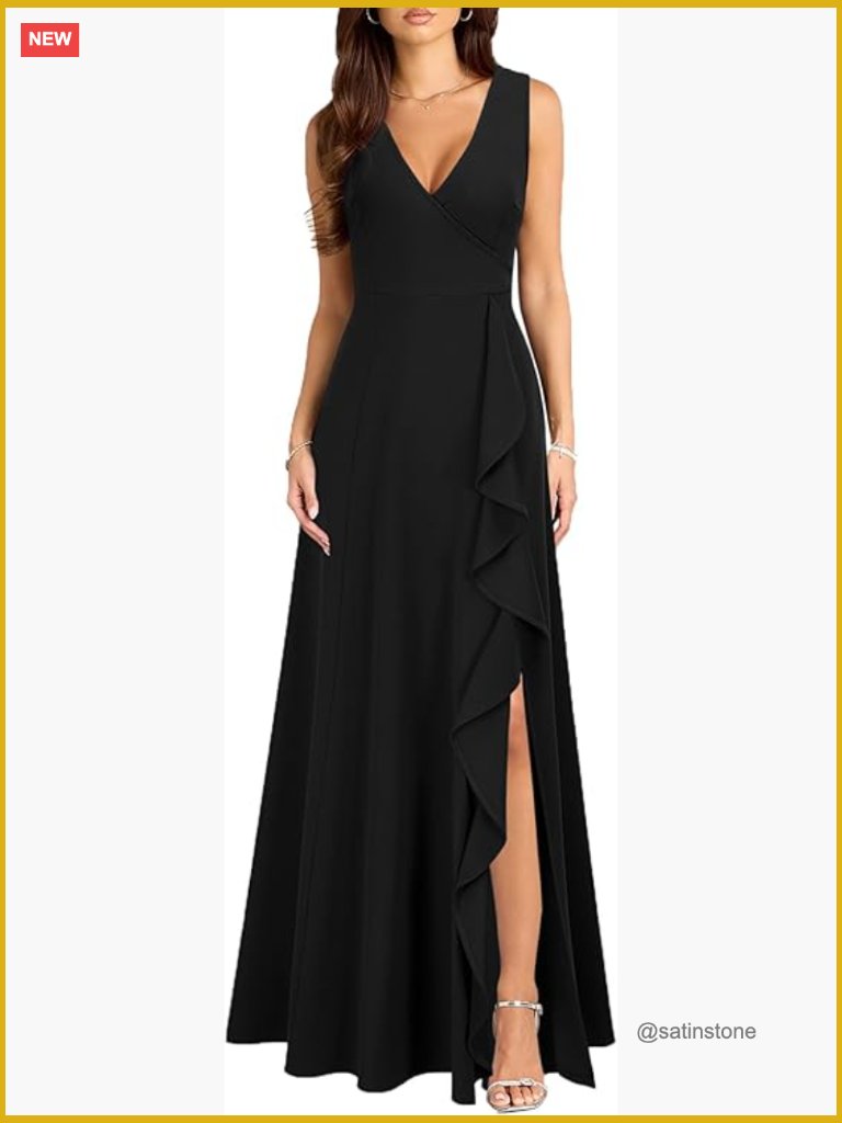 V Neck Sexy Split Cocktail Dress With Pockets Ruffle Long Formal Dress